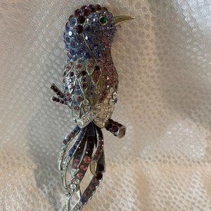 Silver Tone Crystal Bird on Branch Brooch